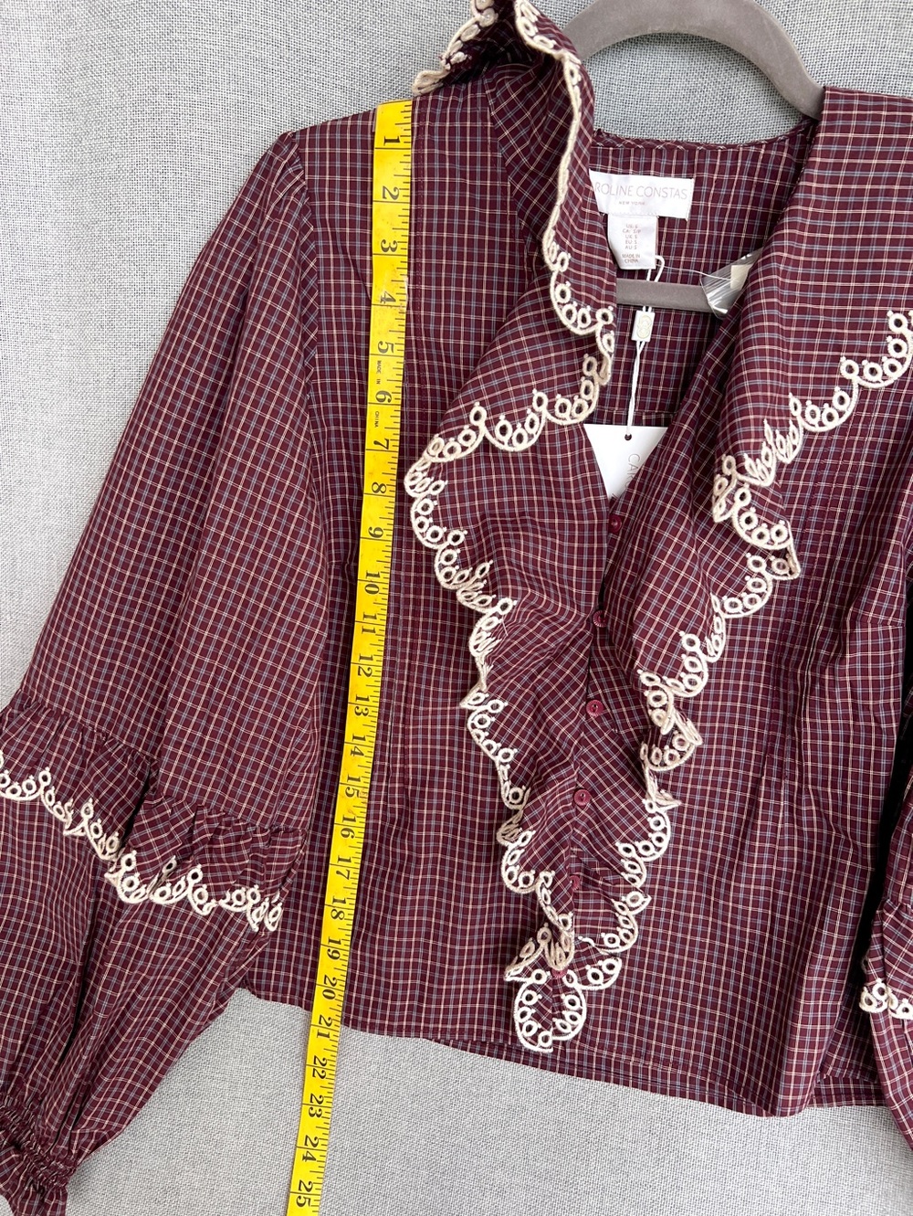 Caroline Constas Ruffled Plaid Embroidered wide long sleeve Cotton blouse size S - Picture 9 of 13
